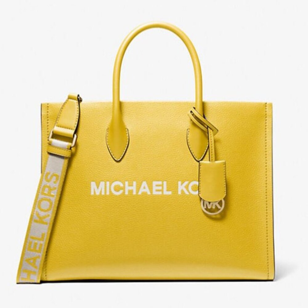 New Michael Kors Mirella Medium Pebbled Leather Tote Bag Golden Yellow